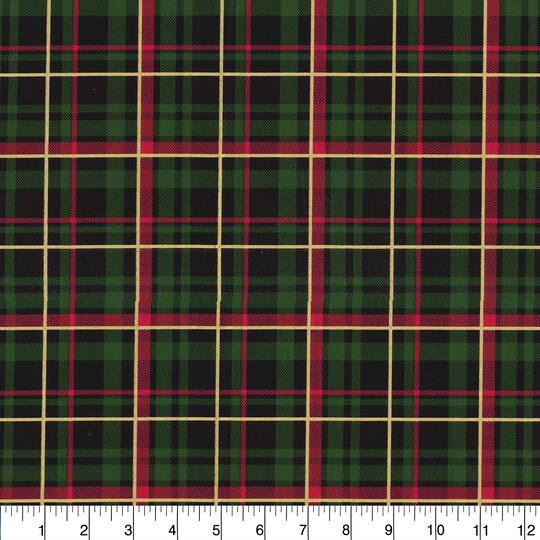 Find The Fabric Traditions Christmas Green Plaid Glitter Cotton